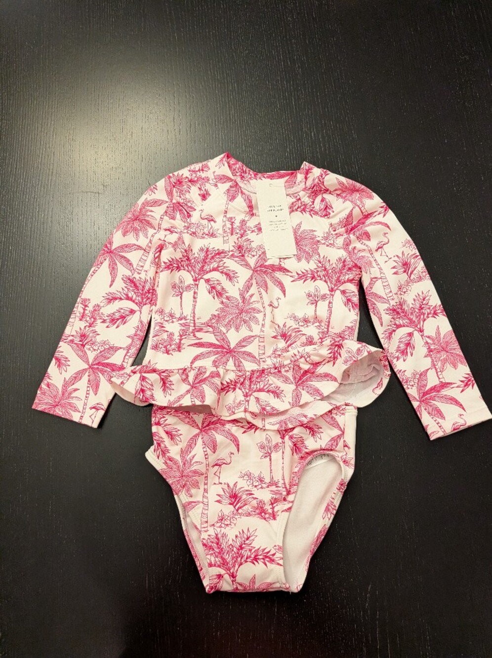 Janie and Jack Pink and White Tropical Print Long-Sleeve Rash Guard One-Piece - Picture 2 of 8